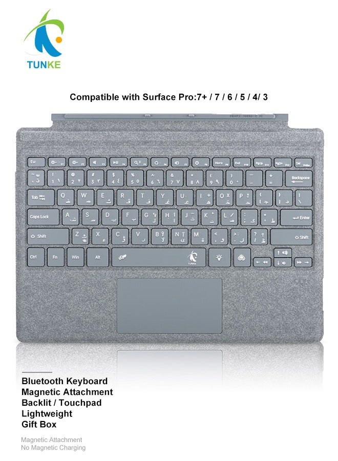 TUNKE Wireless Bluetooth Keyboard with Touchpad for Surface Pro 7/7+/6/5/4/3 (12.3"), Magnetic Attachment, Backlit, Dual-Language Keys, Type-C Charging (Grey) - Image 1